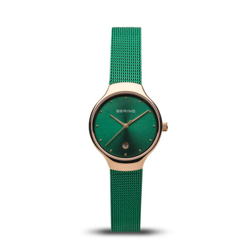 Bering Ladies Rose-Tone Green Mesh Bracelet Watch 13326-868