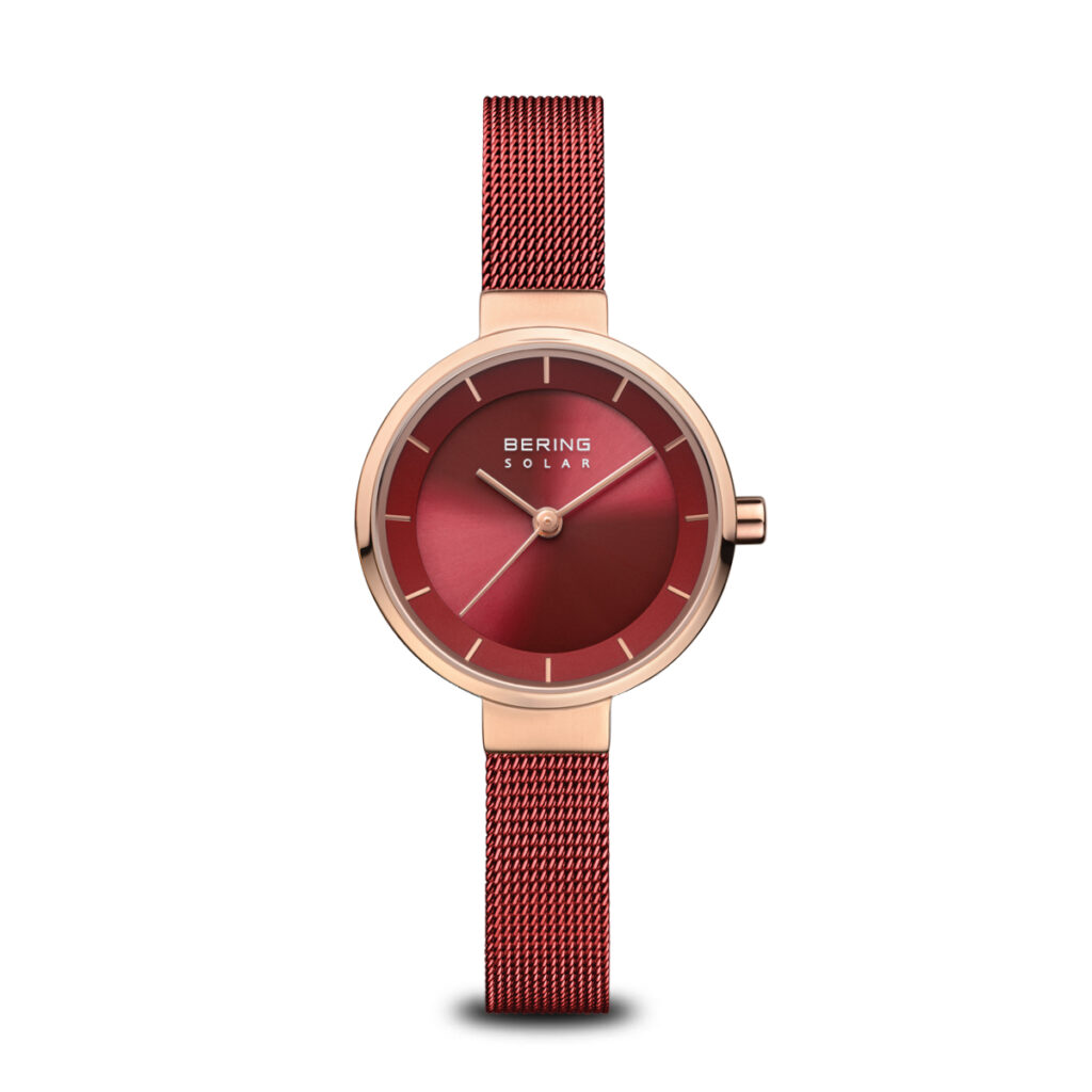 Bering Ladies Rose-Tone Red Mesh Bracelet Watch 14627-363