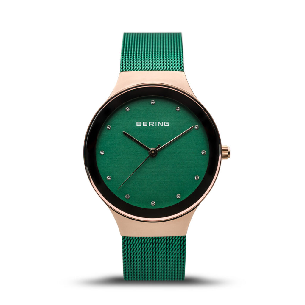 Bering Ladies Rose-Tone Green Mesh Bracelet Watch 12934-868