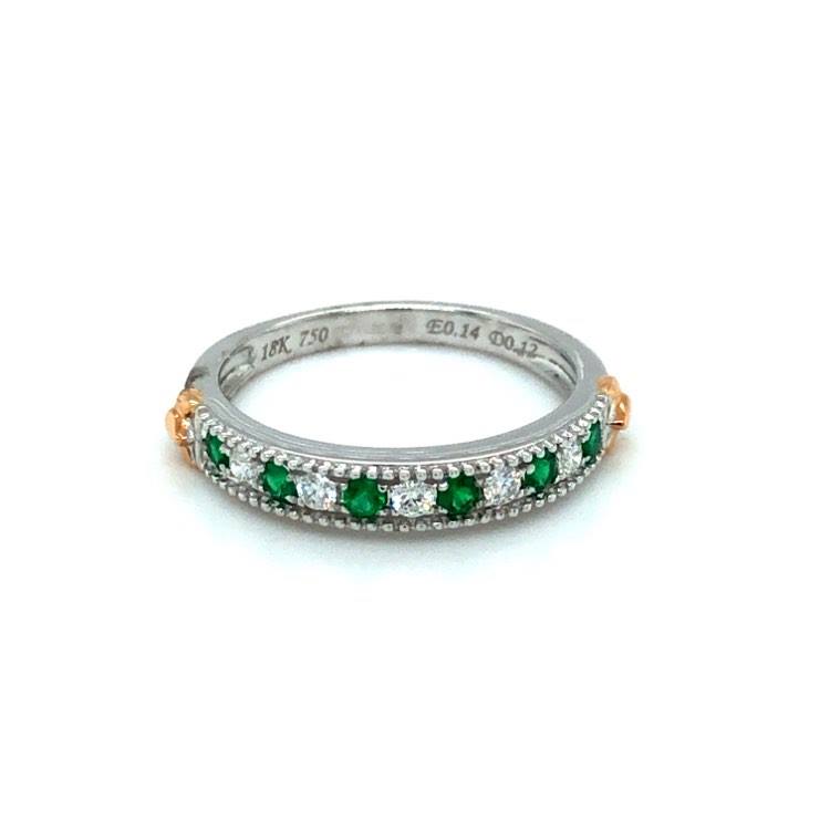 18ct White Gold Emerald & Diamond 1/2 Eternity Millgrain Ring