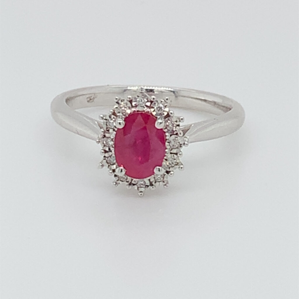 9ct White Gold Cluster Oval Ruby & Diamond Ring