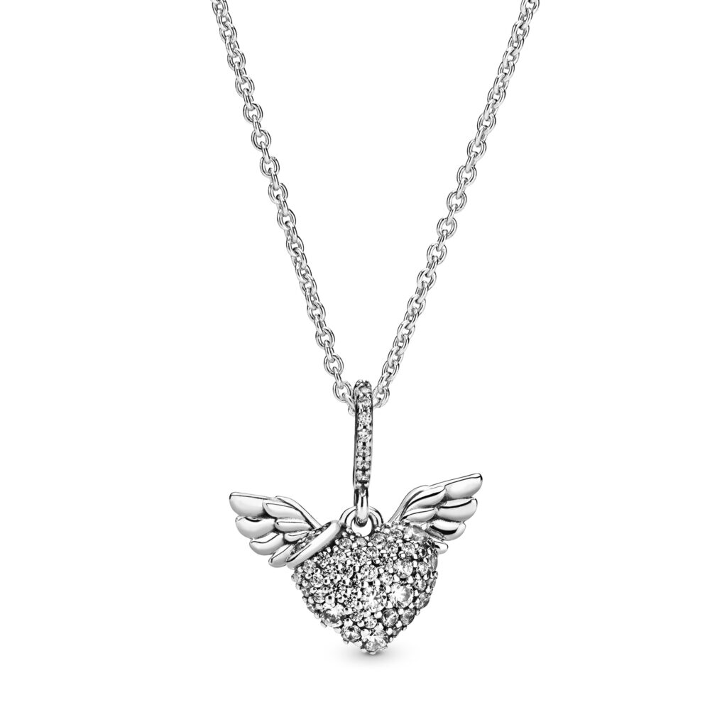 PANDORA PASSIONS Pave Heart & Angel Wings Necklace – 398505C01