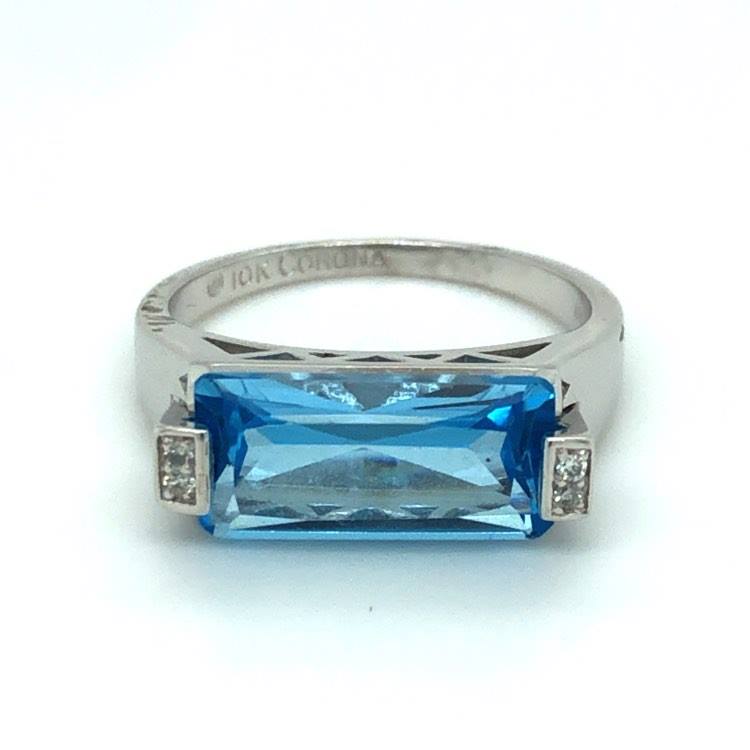 10ct White Gold Rectangular Blue Topaz Diamond Band Ring