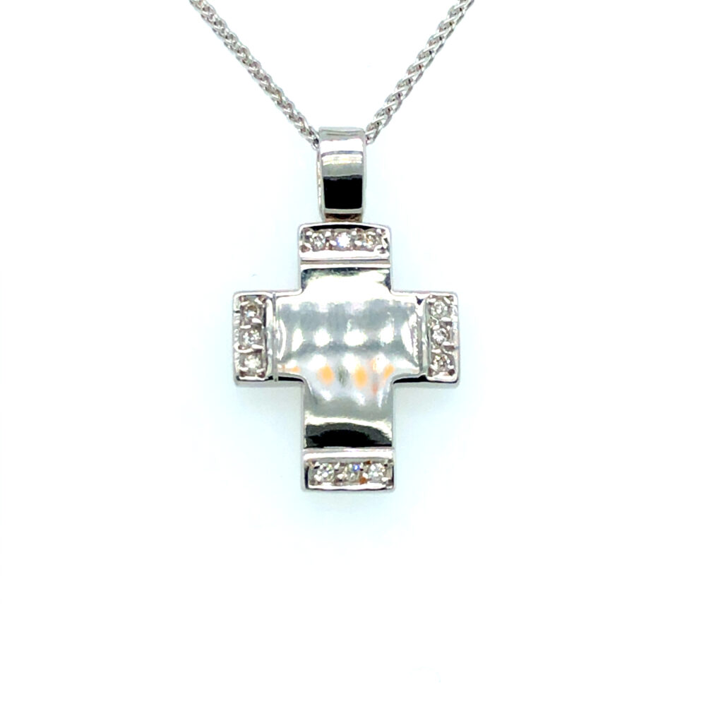 18ct White Gold Diamond Cross & Spiga Chain