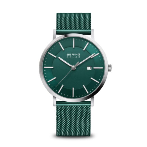 Bering Gents Solar Green Brushed Silver Watch – 15439-808