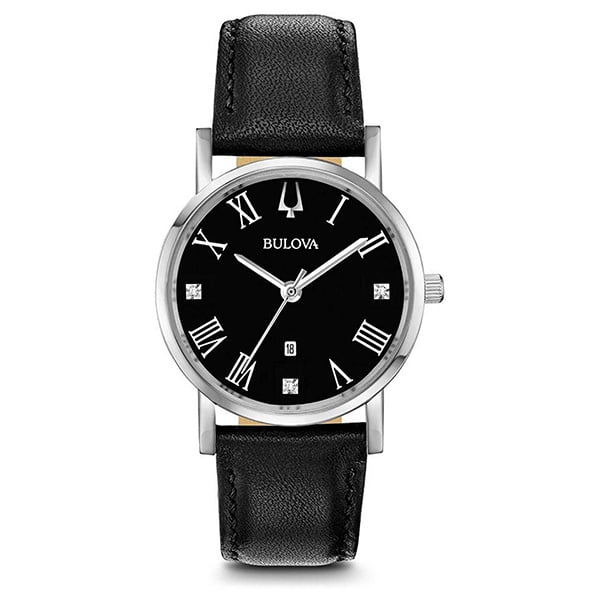 Bulova Ladies American Clipper Black Diamond Dial Leather Strap Watch