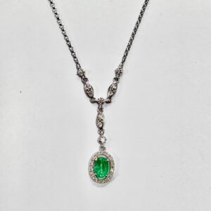 18ct white gold emerald and diamond cluster drop pendant