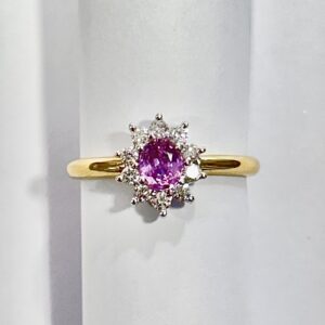 18ct yellow gold pink sapphire and diamond halo ring