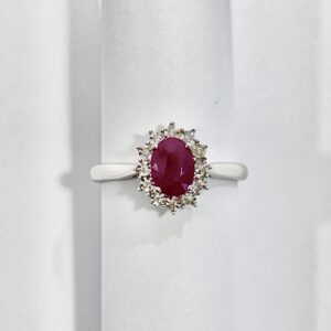 9ct white gold oval cut diamond ruby and diamond cluster ring