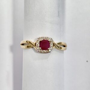 9ct yellow gold ruby and diamond cluster crossover ring