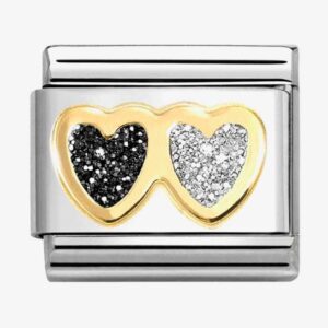 Classic Double Black and Silver Glitter Hearts Charm - 030220/15