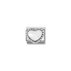 Composable classic link, white heart, beaded setting - 330204/36