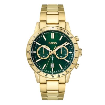 BOSS-Allure-Gold-Ion-Plated-Chronograph-Mens-Watch-1513923-44-mm-Green-Dial